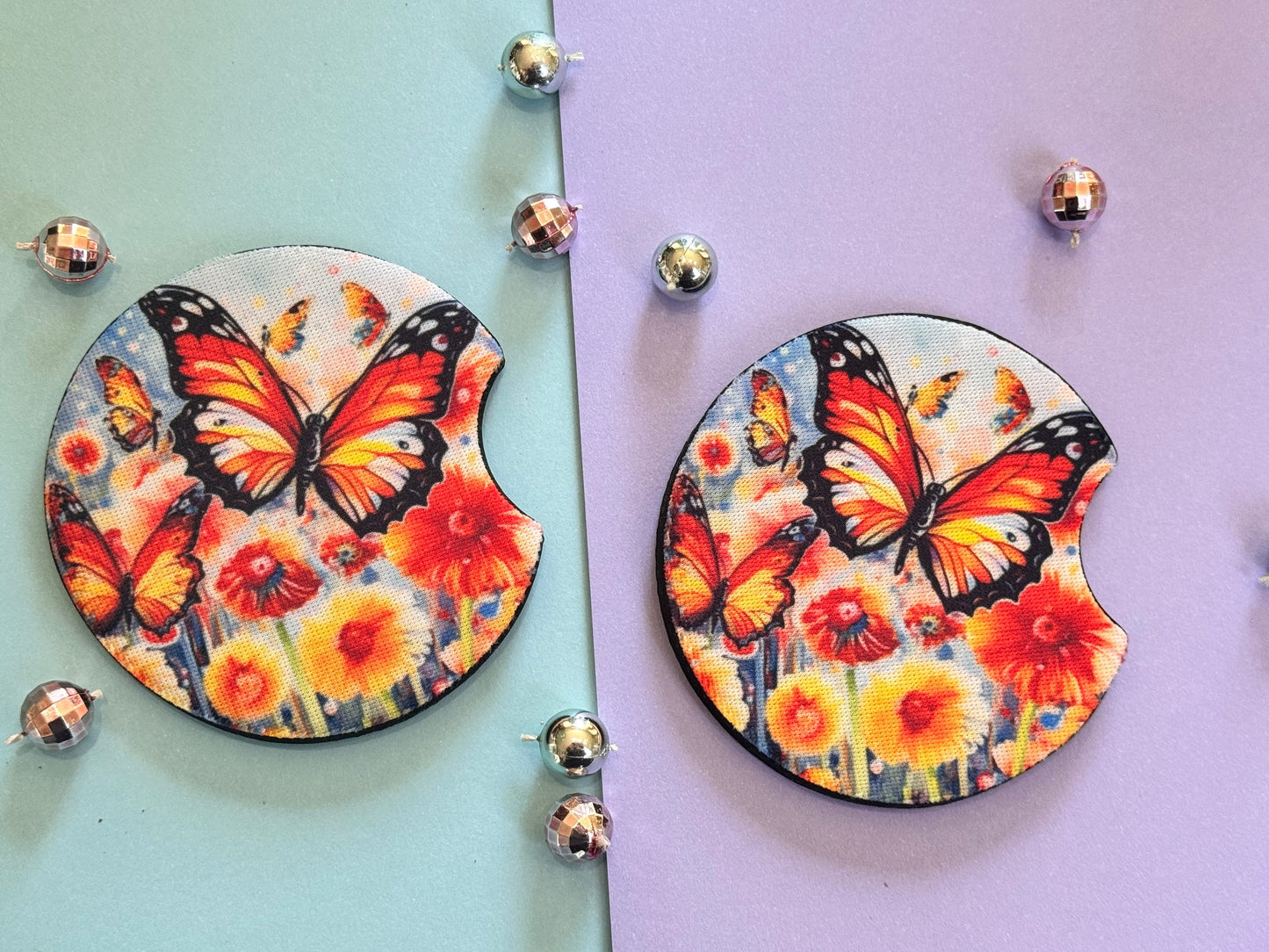 Bright Butterflies with Gorgeous Summer Colors Car Coaster Set of Two, Neoprene Material with Sublimated Design