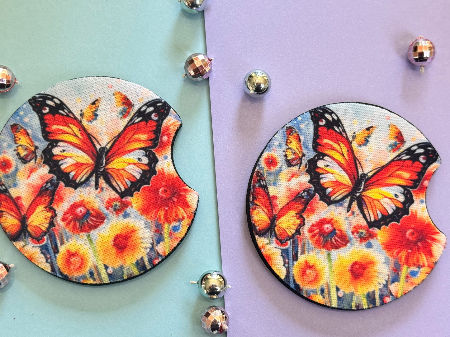 Bright Butterflies with Gorgeous Summer Colors Car Coaster Set of Two, Neoprene Material with Sublimated Design