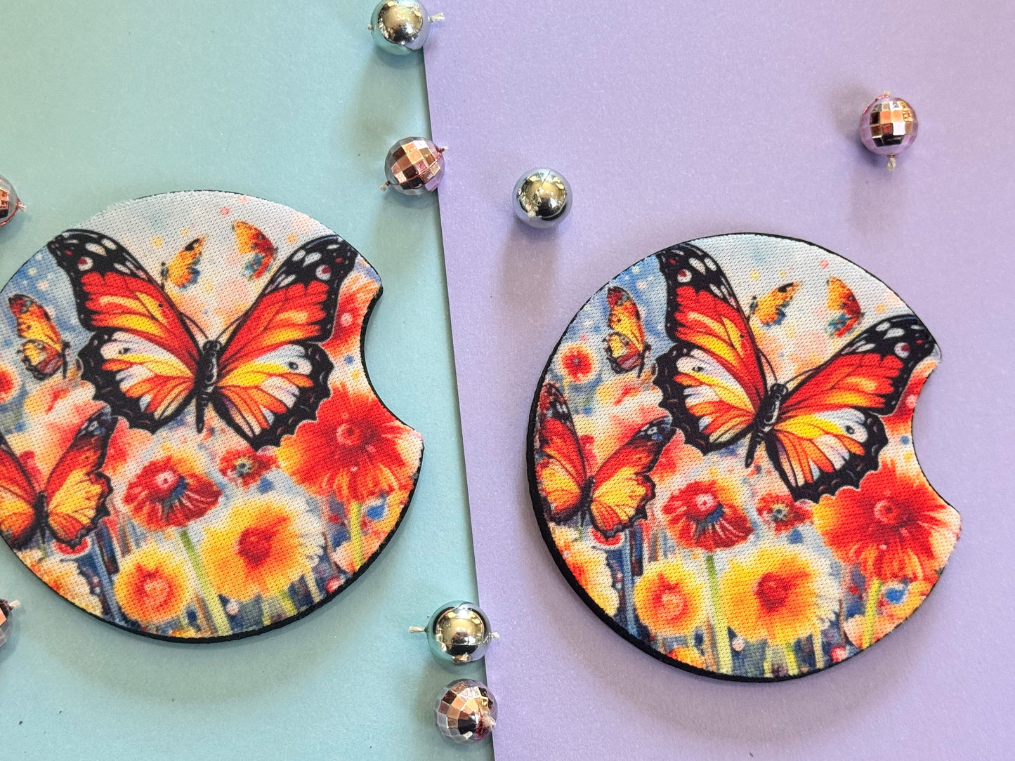 Bright Butterflies with Gorgeous Summer Colors Car Coaster Set of Two, Neoprene Material with Sublimated Design