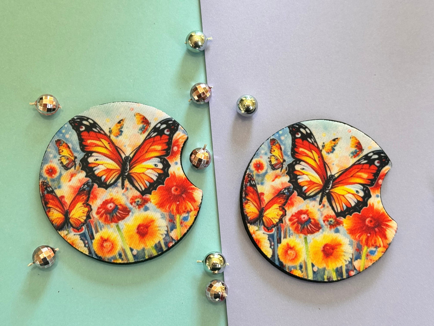 Bright Butterflies with Gorgeous Summer Colors Car Coaster Set of Two, Neoprene Material with Sublimated Design