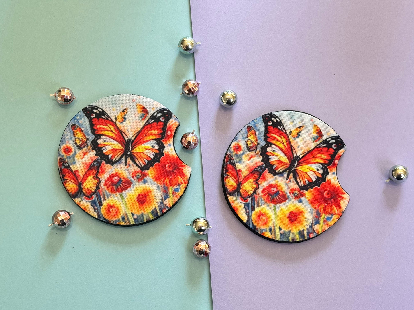 Bright Butterflies with Gorgeous Summer Colors Car Coaster Set of Two, Neoprene Material with Sublimated Design