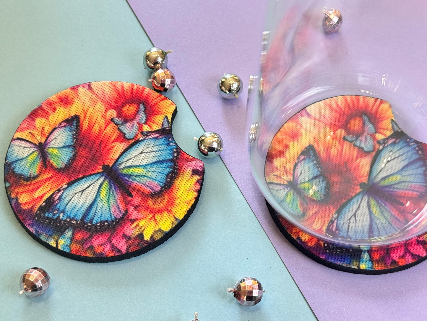 Bright Butterflies with Gorgeous Summer Colors Car Coaster Set of Two, Neoprene Material with Sublimated Design