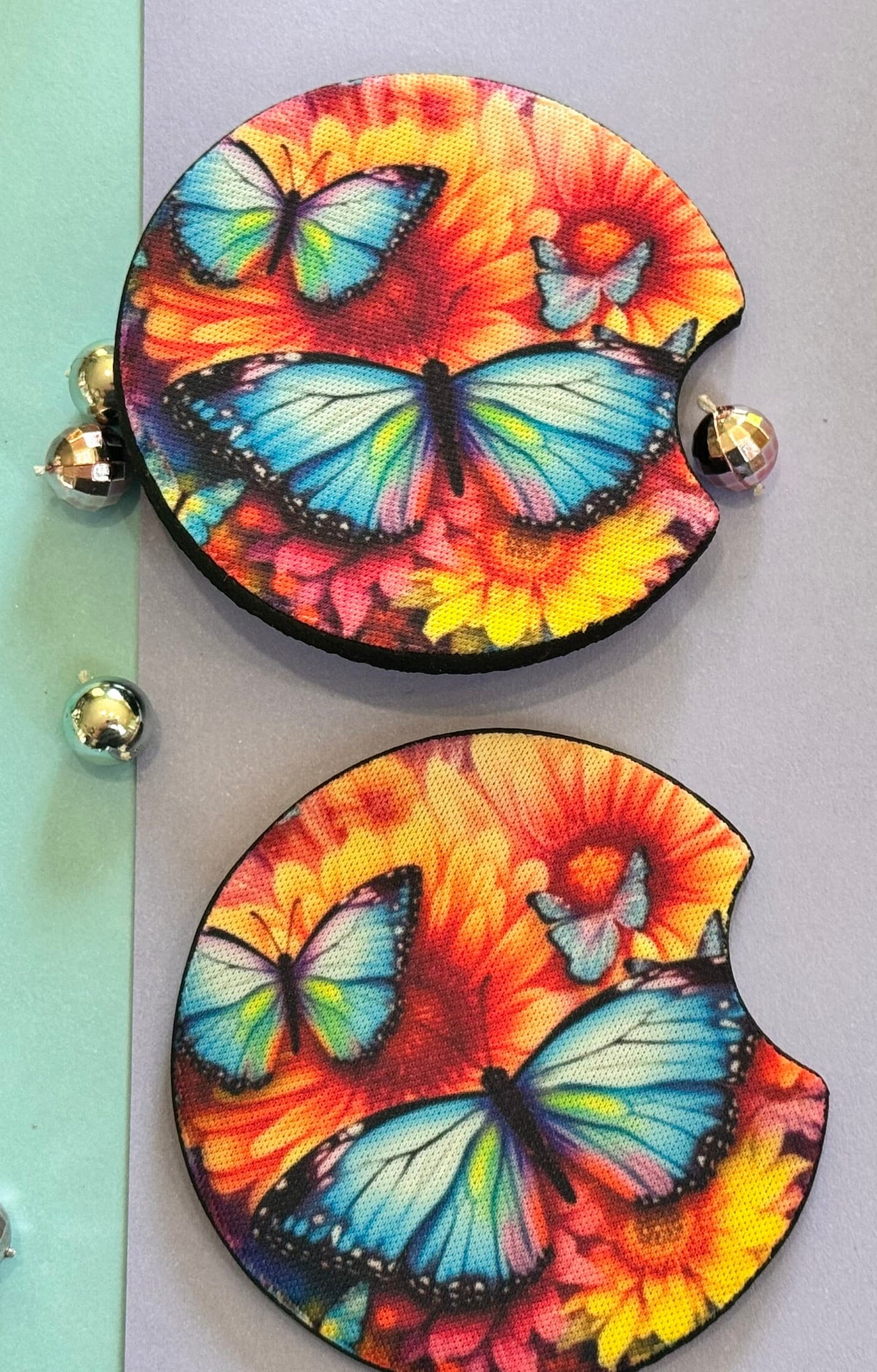 Bright Butterflies with Gorgeous Summer Colors Car Coaster Set of Two, Neoprene Material with Sublimated Design