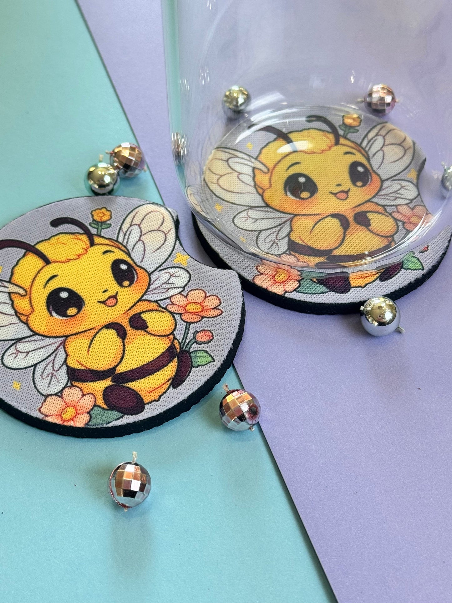 Adorable Bumble Bee Car Coaster with Pretty Pink Flowers Set of Two, Neoprene Material with Sublimated Design