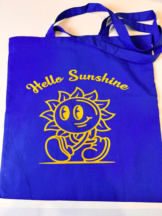 Blue Medium Tote Bag, Lightweight 100 Percent Cotton, Hello Sunshine Grocery Bag, 15x16 Inches