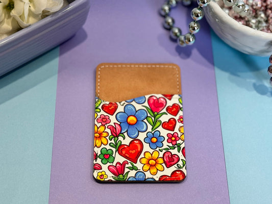 Spring Hearts and Flowers Vegan Card Holder for Back Of Phone