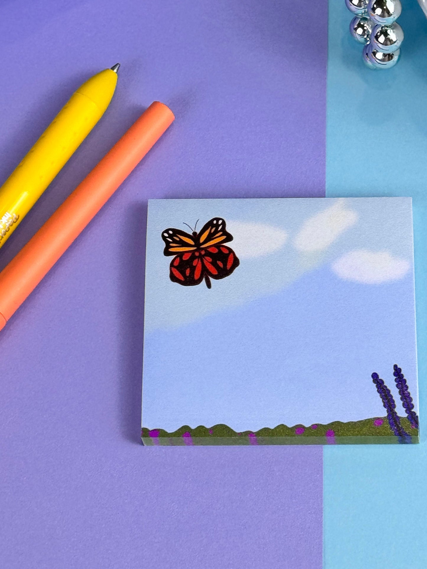 Butterfly in the Meadow Sticky Note Pad with Butterfly, Blue Sky, and Flowers