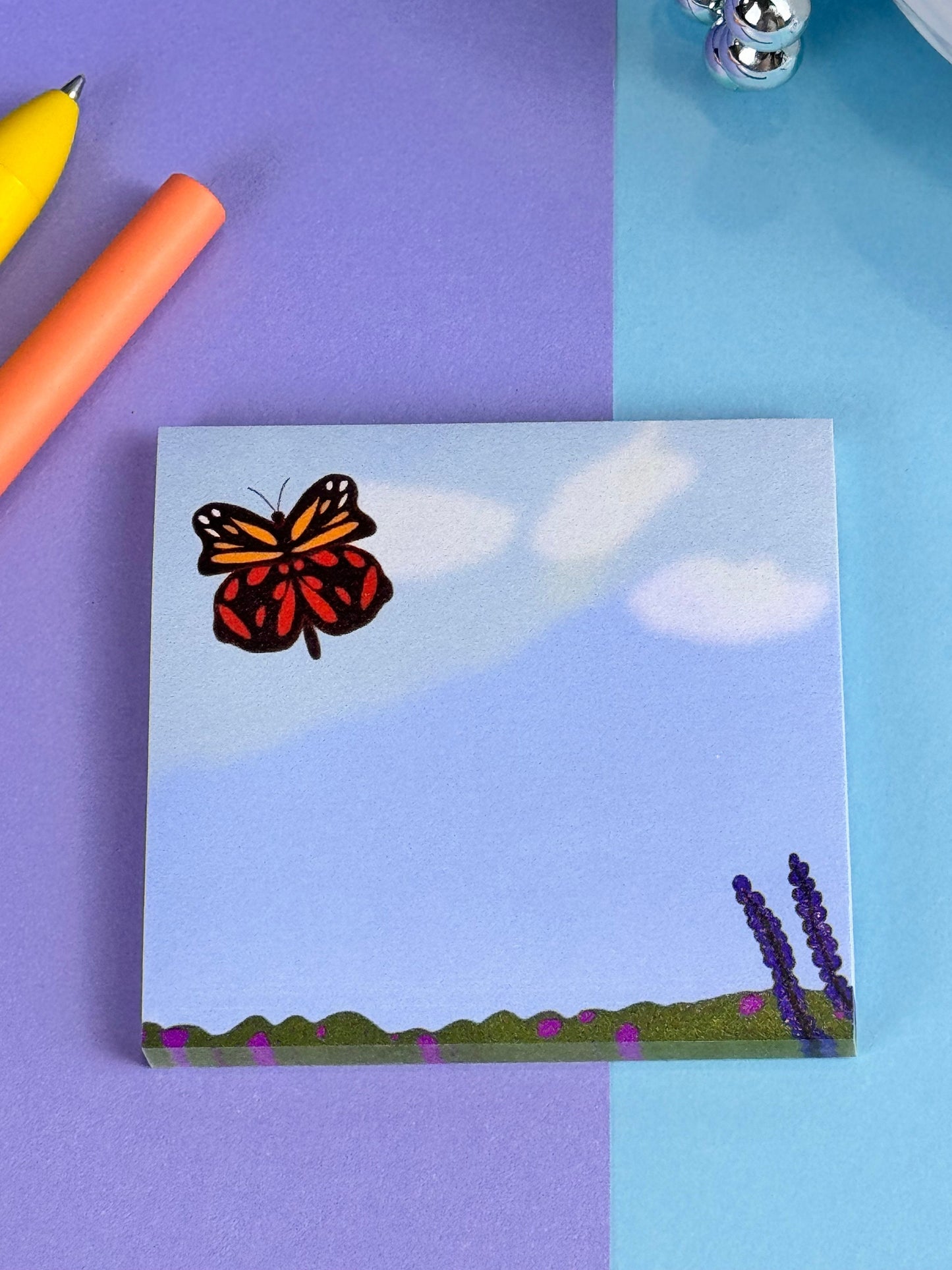 Butterfly in the Meadow Sticky Note Pad with Butterfly, Blue Sky, and Flowers