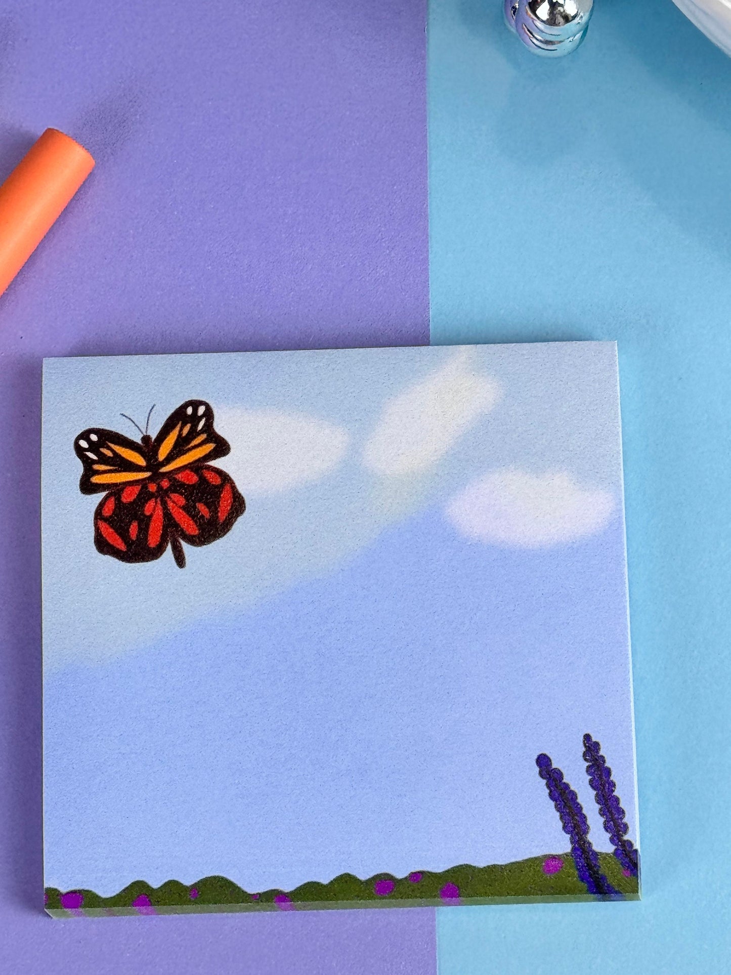 Butterfly in the Meadow Sticky Note Pad with Butterfly, Blue Sky, and Flowers