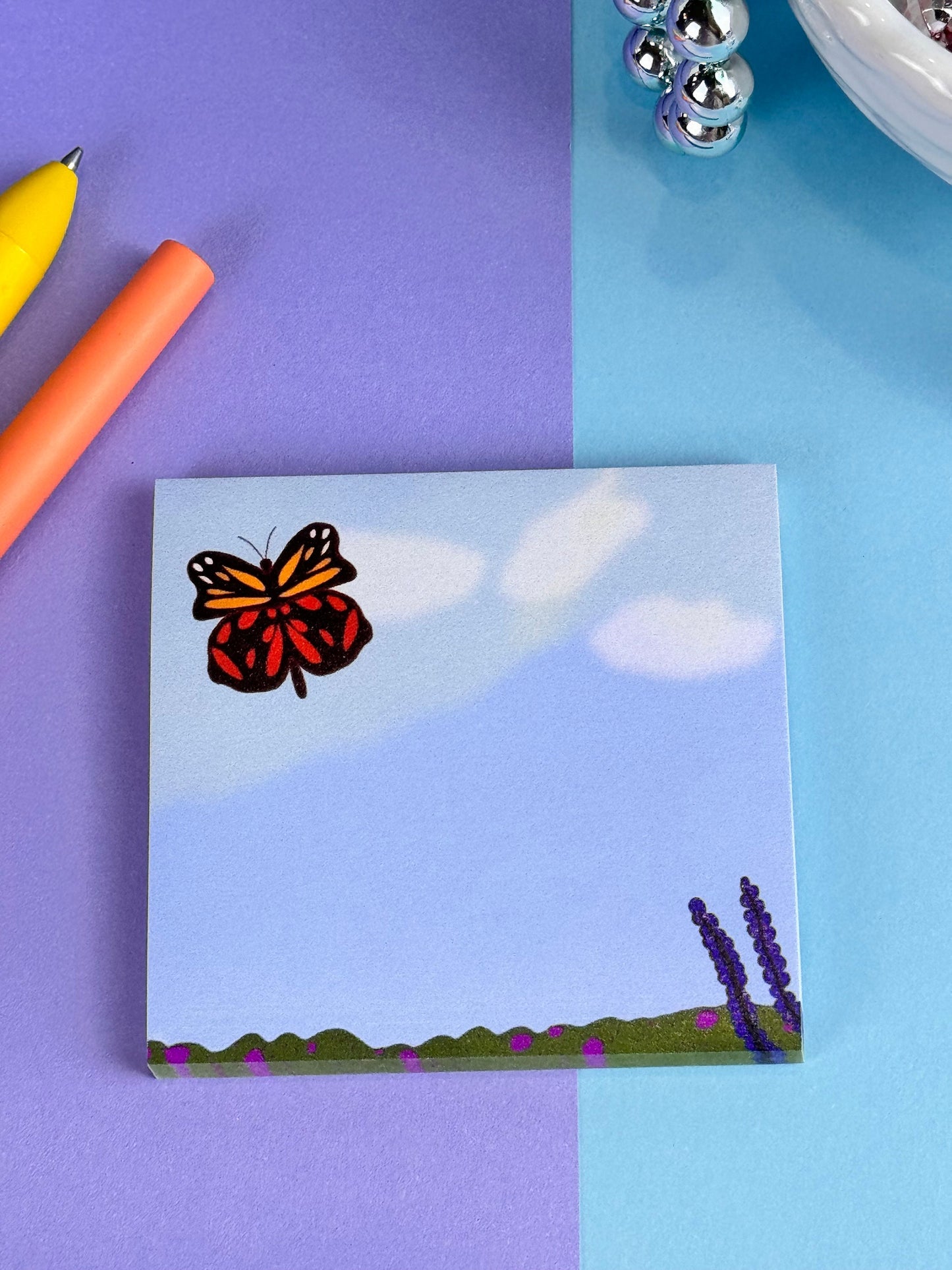 Butterfly in the Meadow Sticky Note Pad with Butterfly, Blue Sky, and Flowers