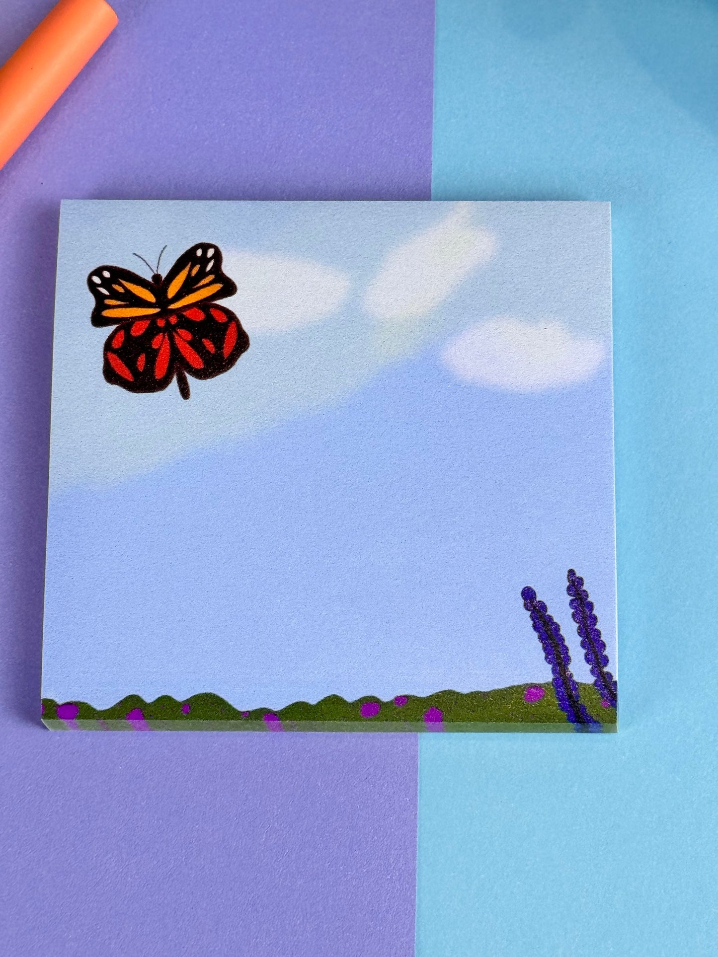 Butterfly in the Meadow Sticky Note Pad with Butterfly, Blue Sky, and Flowers