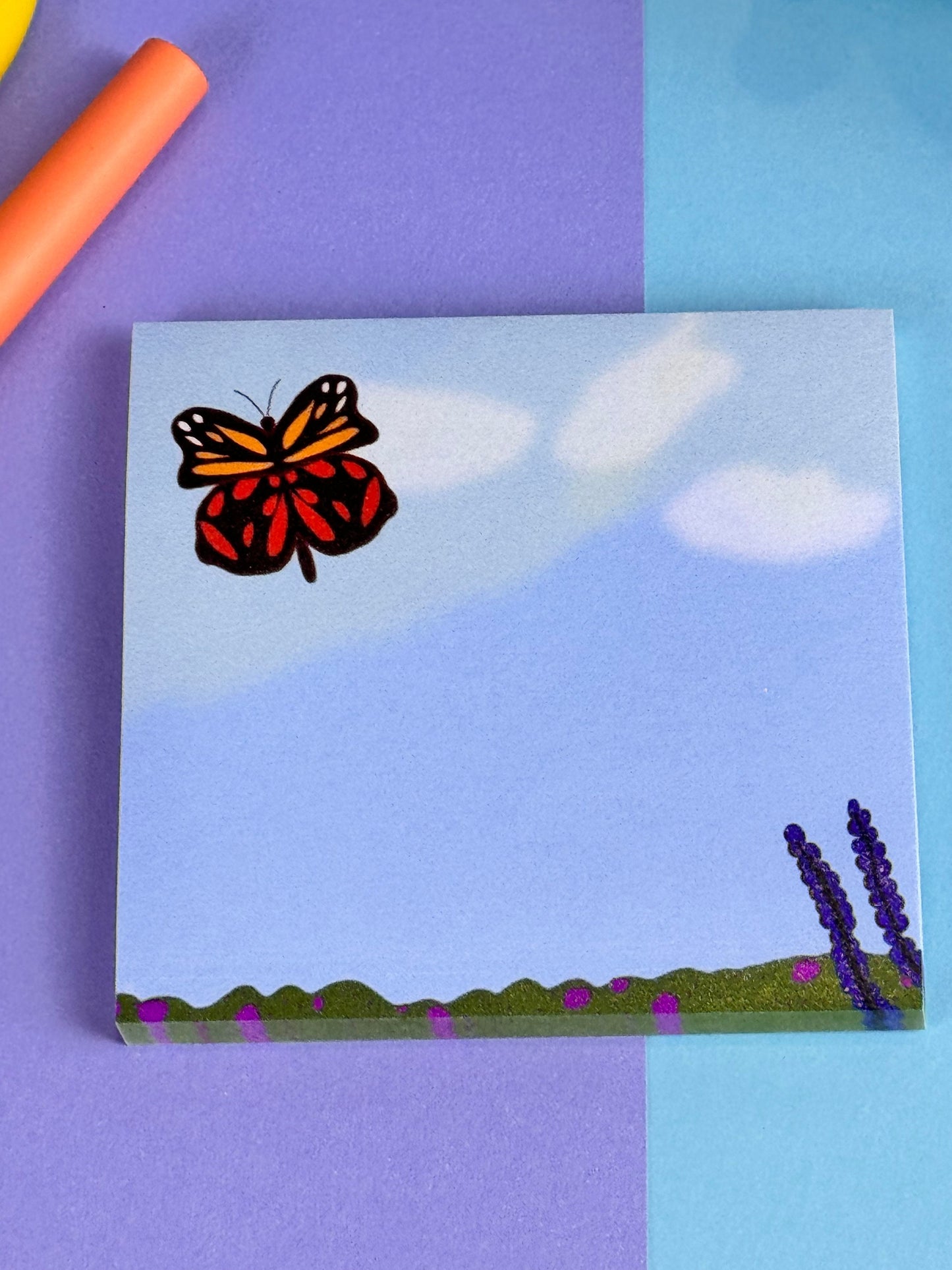 Butterfly in the Meadow Sticky Note Pad with Butterfly, Blue Sky, and Flowers