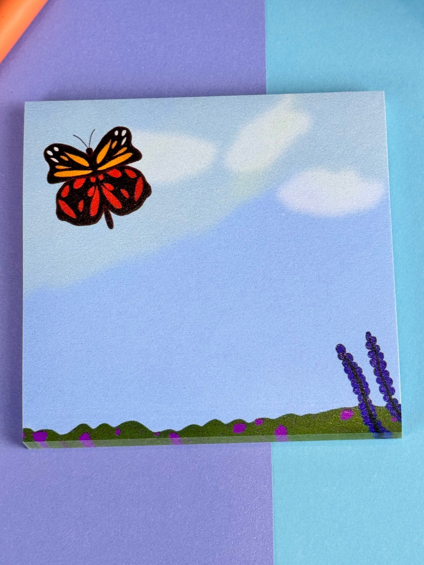 Butterfly in the Meadow Sticky Note Pad with Butterfly, Blue Sky, and Flowers