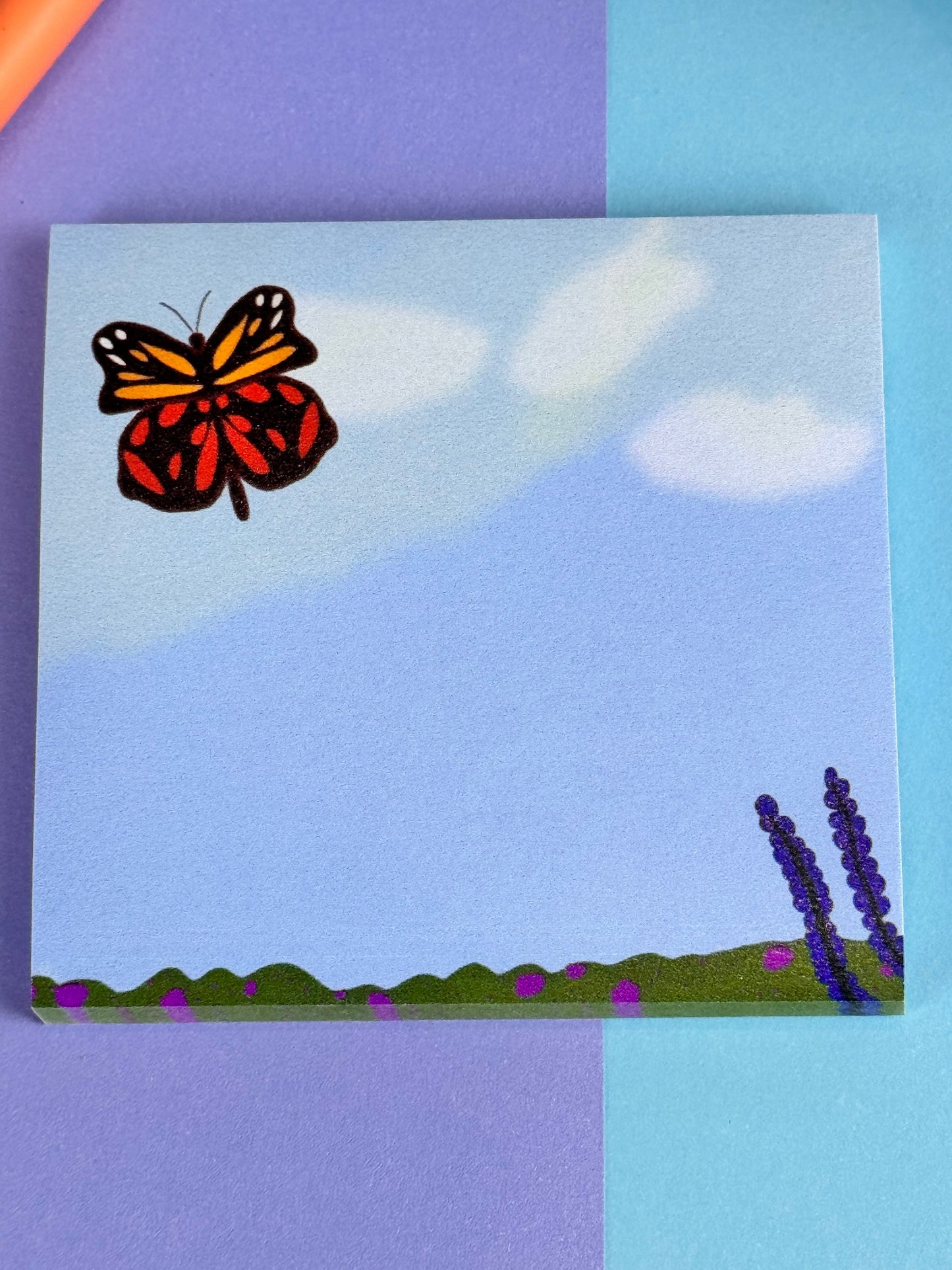 Butterfly in the Meadow Sticky Note Pad with Butterfly, Blue Sky, and Flowers