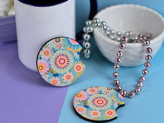 Bright mandala and Flowers with Gorgeous Summer Colors Car Coaster Set of Two, Neoprene Material with Sublimated Design