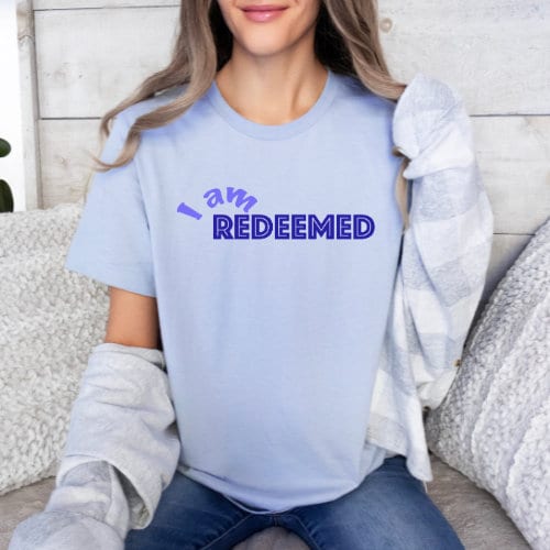 I Am Redeemed Heather Blue Bella and Canvas T-shirt