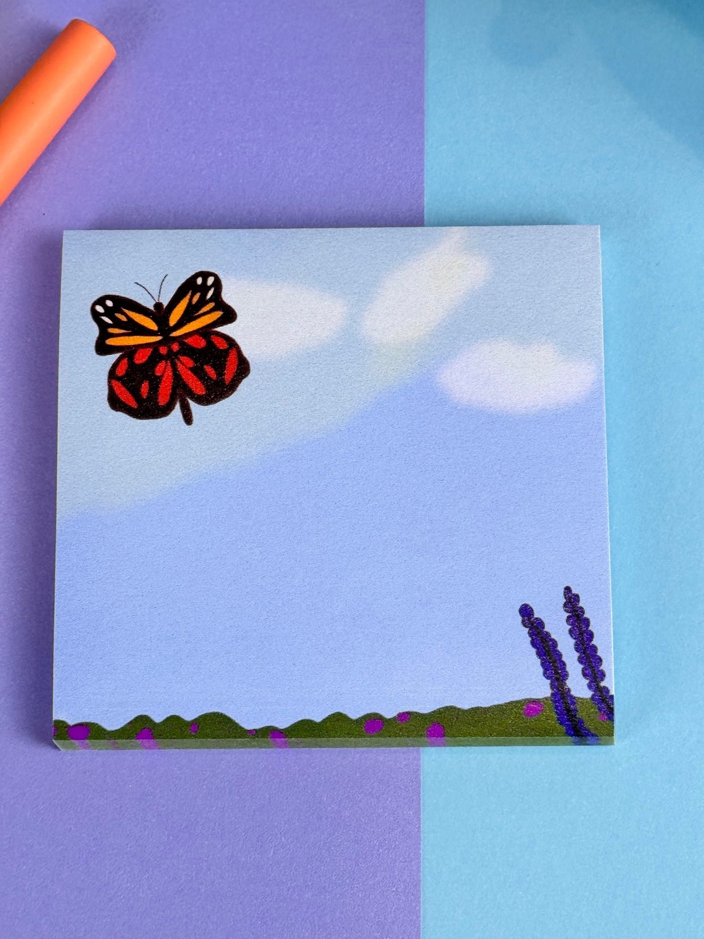 Butterfly in the Meadow Sticky Note Pad with Butterfly, Blue Sky, and Flowers