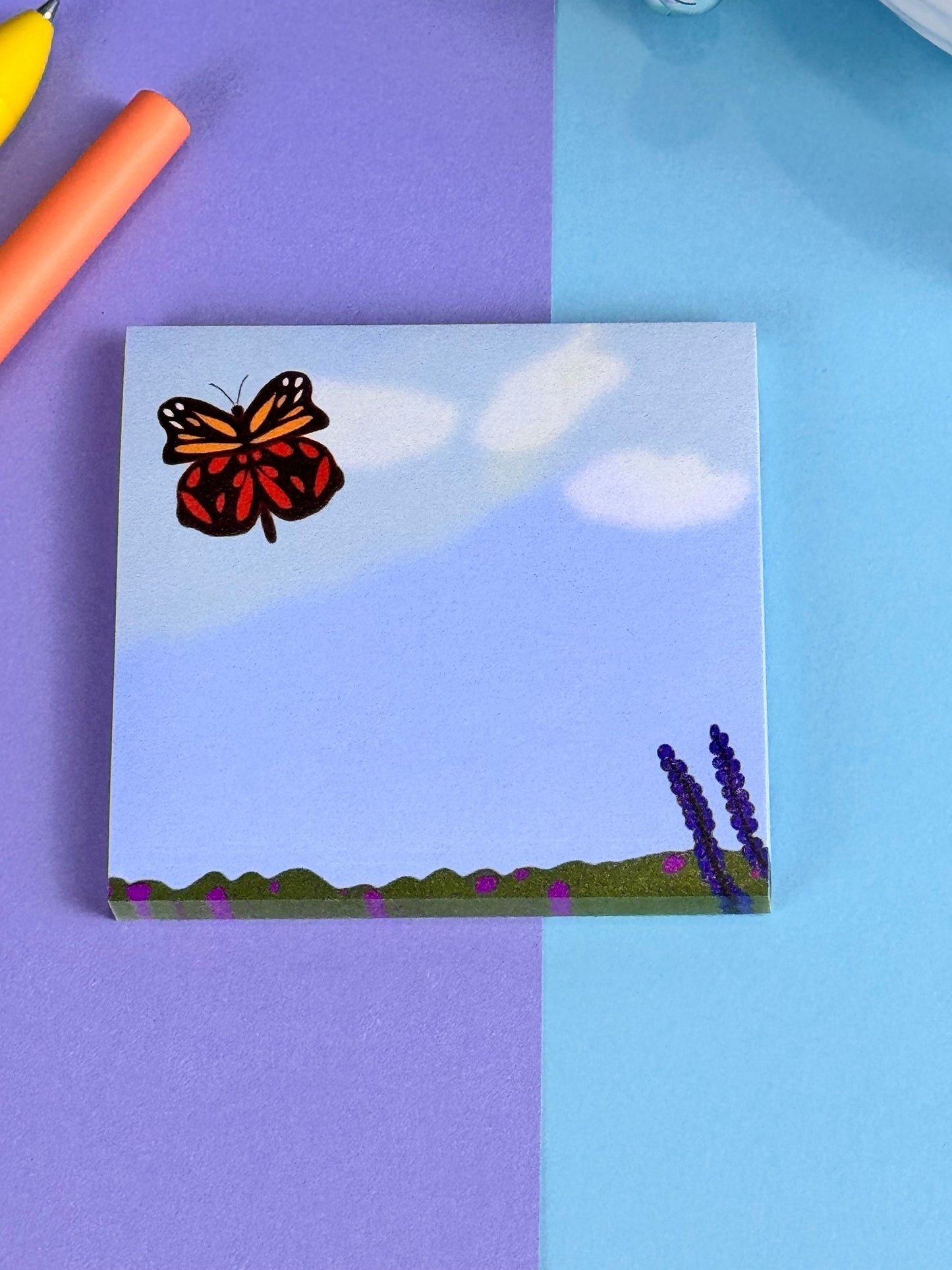 Butterfly in the Meadow Sticky Note Pad with Butterfly, Blue Sky, and Flowers