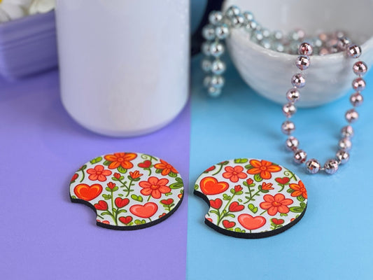 Bright Hearts and Flowers with Gorgeous Summer Colors Car Coaster Set of Two, Neoprene Material with Sublimated Design