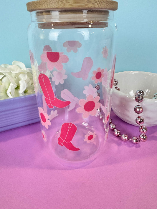 Iced Coffee Glass Cup, Pink Cowgirl Boots and Flowers, 16 oz Fun and Cute Drinking Glass