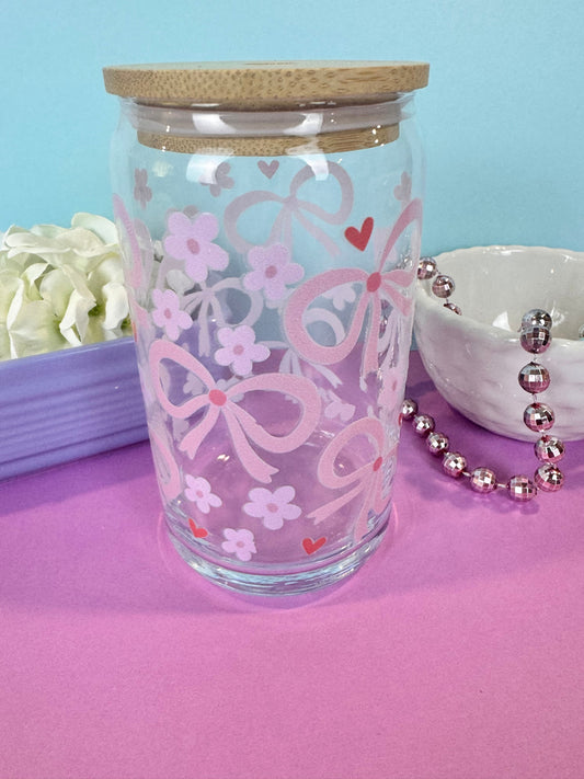 Iced Coffee Glass Cup, Coquette Bows and Pink Girly Flowers