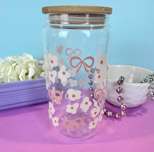 Iced Coffee Glass Cup, Coquette Bows and Girly Flowers