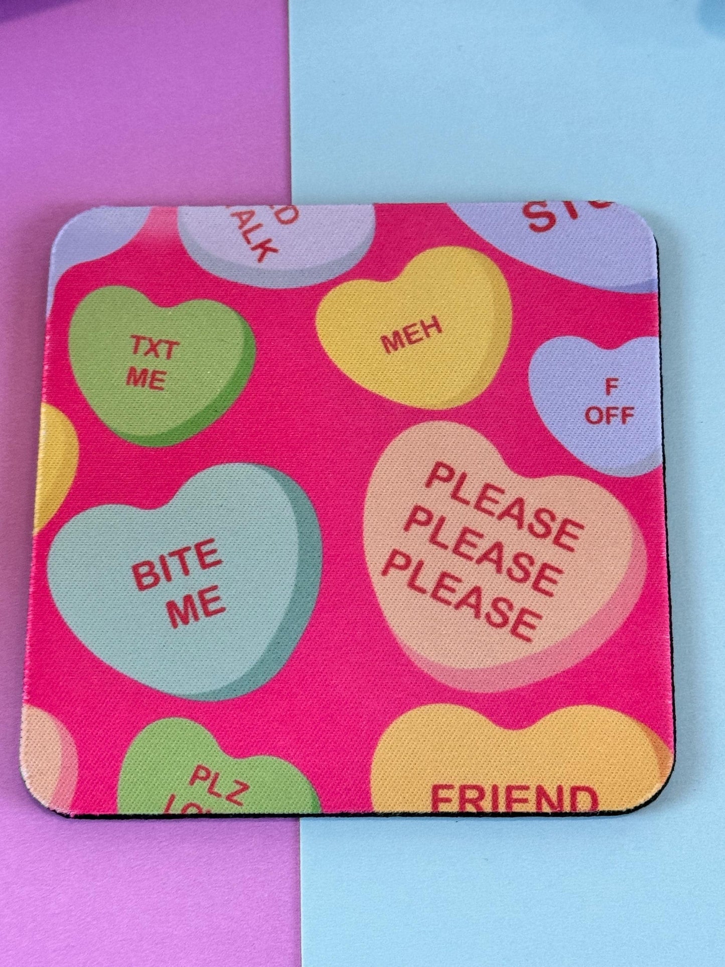 Anti-Valentine's Day Sarcastic Candy Heart Neoprene Coasters - Single Person Decoration - Funny Cute Love