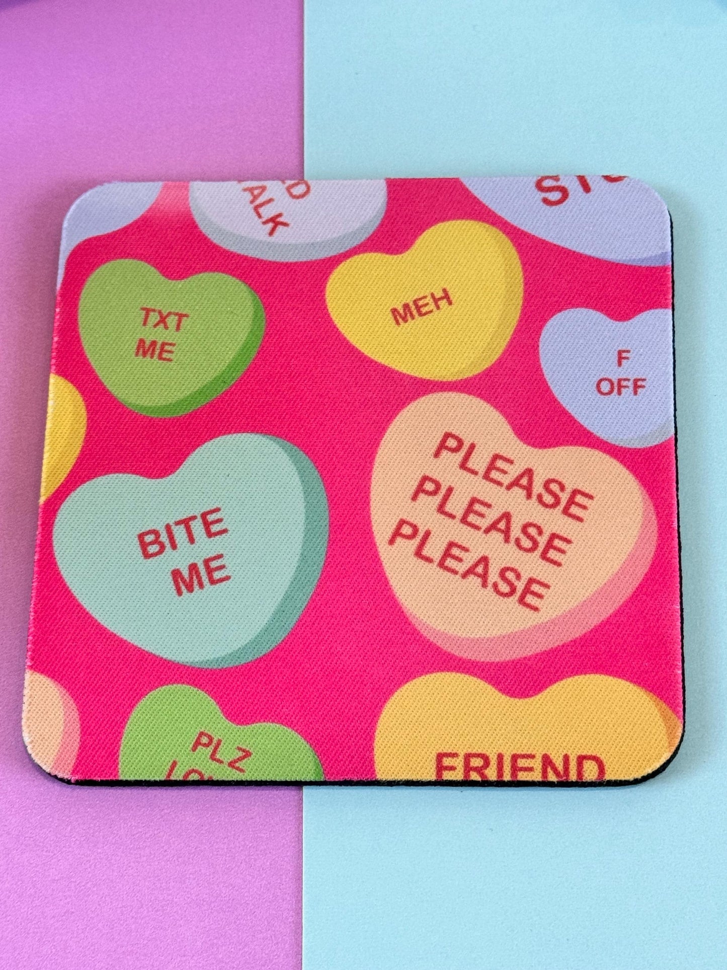 Anti-Valentine's Day Sarcastic Candy Heart Neoprene Coasters - Single Person Decoration - Funny Cute Love