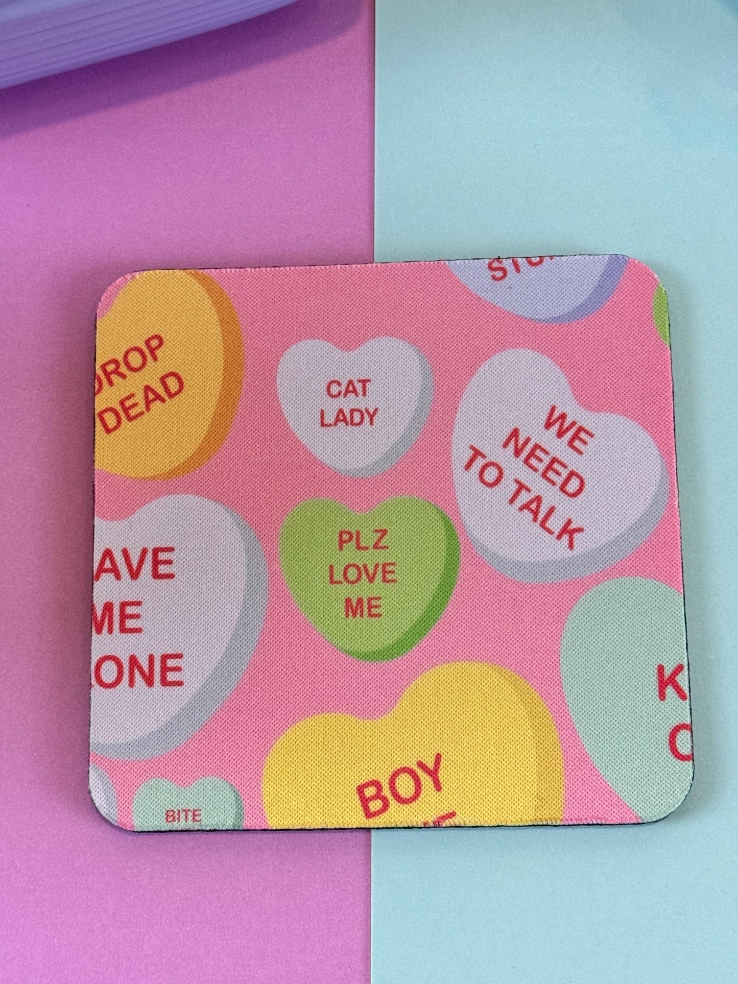 Anti-Valentine's Day Sarcastic Candy Heart Neoprene Coasters - Single Person Decoration - Funny Cute Love