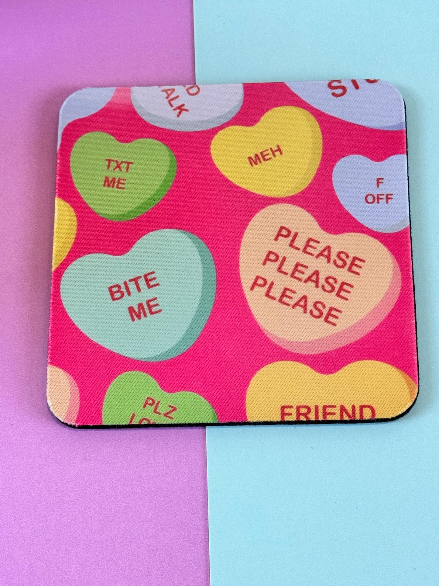 Anti-Valentine's Day Sarcastic Candy Heart Neoprene Coasters - Single Person Decoration - Funny Cute Love