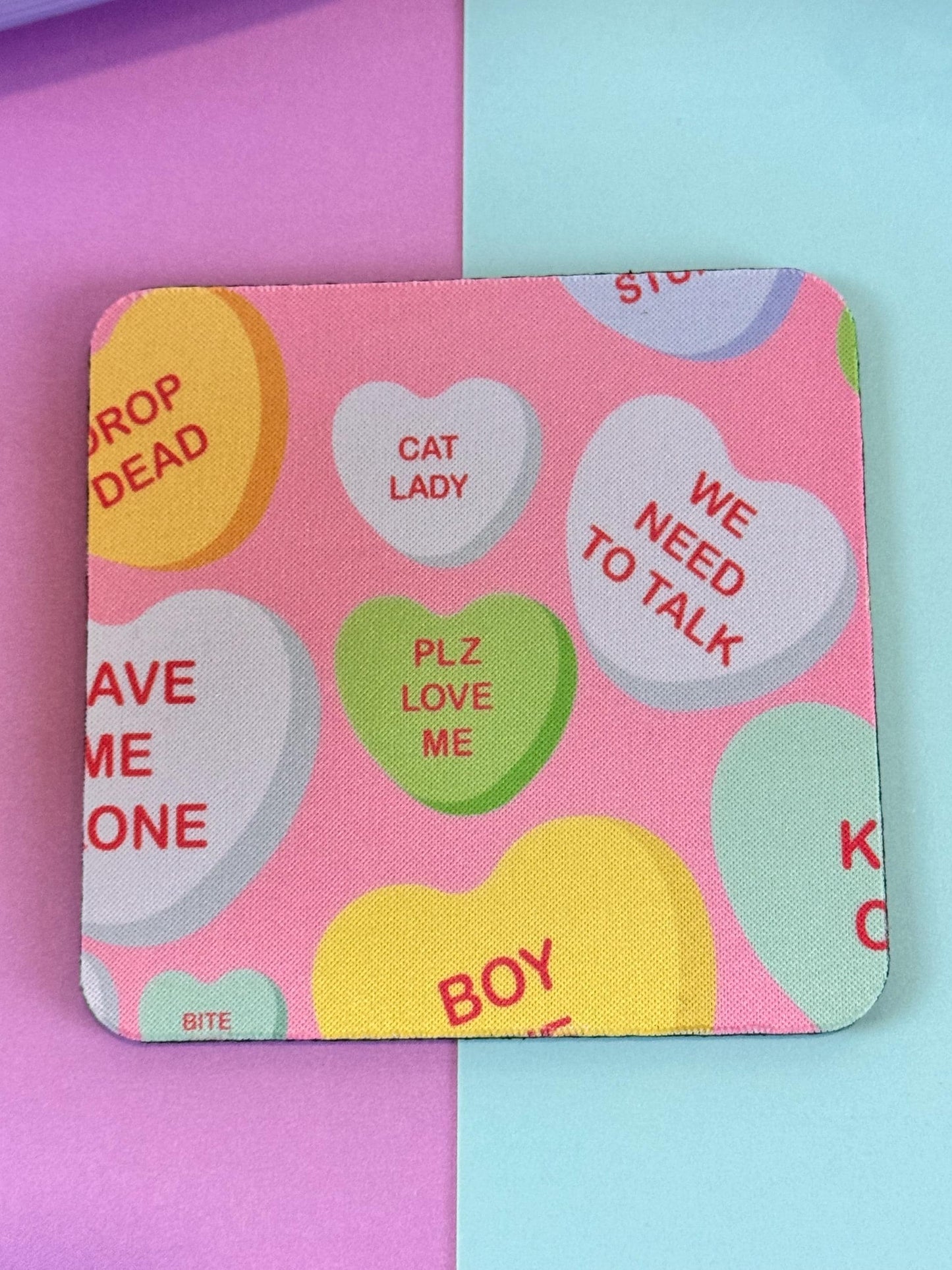 Anti-Valentine's Day Sarcastic Candy Heart Neoprene Coasters - Single Person Decoration - Funny Cute Love