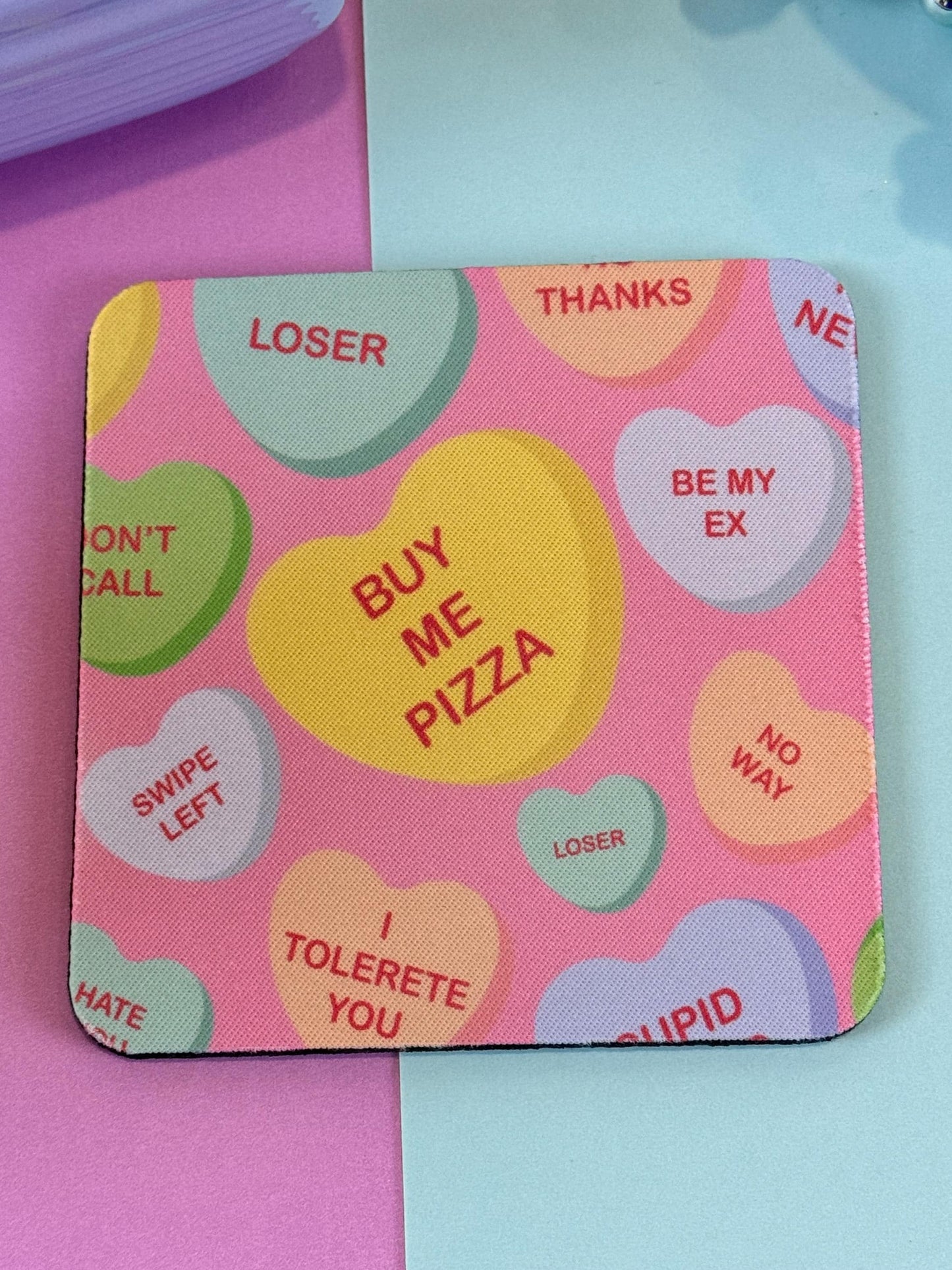 Anti-Valentine's Day Sarcastic Candy Heart Neoprene Coasters - Single Person Decoration - Funny Cute Love