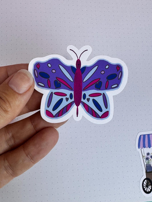 Butterfly Sticker, Hand Drawn Bug Stickers, Dir Cut Vinyl Water Bottle Sticker, Matte Purple Butterfly, Water Resistant