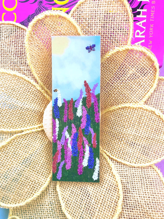 Floral Meadow Bookmark with Larkspur Flowers, Bees, and Butterfly
