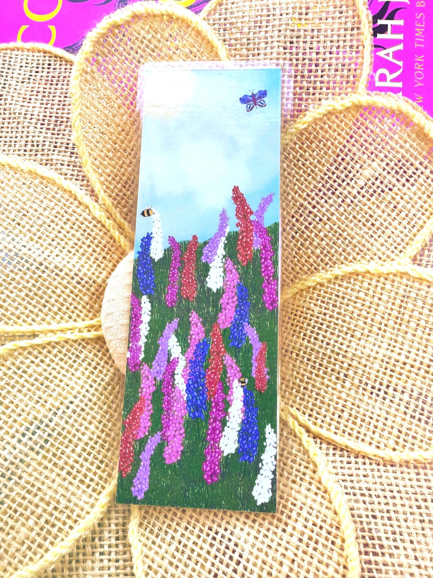 Floral Meadow Bookmark with Larkspur Flowers, Bees, and Butterfly