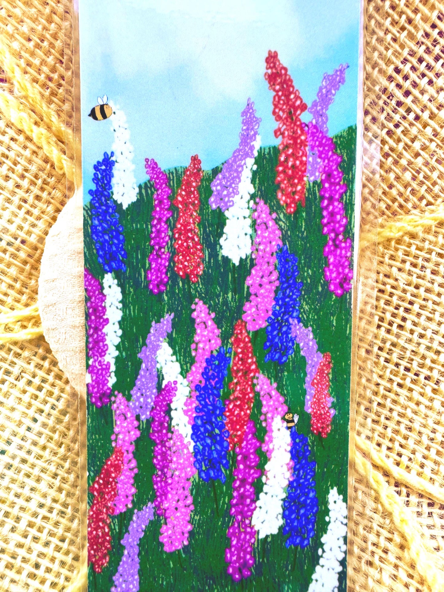 Floral Meadow Bookmark with Larkspur Flowers, Bees, and Butterfly