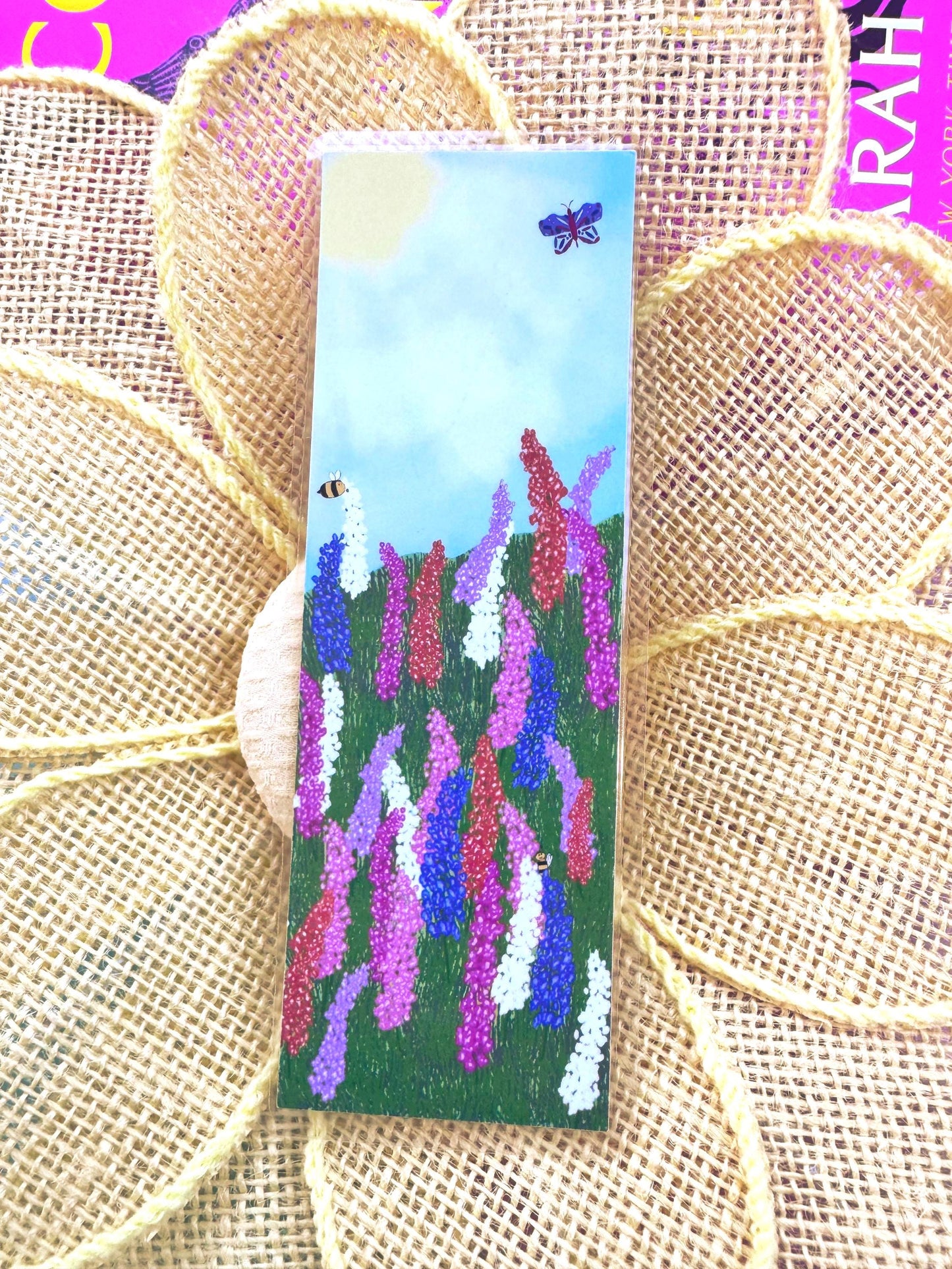 Floral Meadow Bookmark with Larkspur Flowers, Bees, and Butterfly