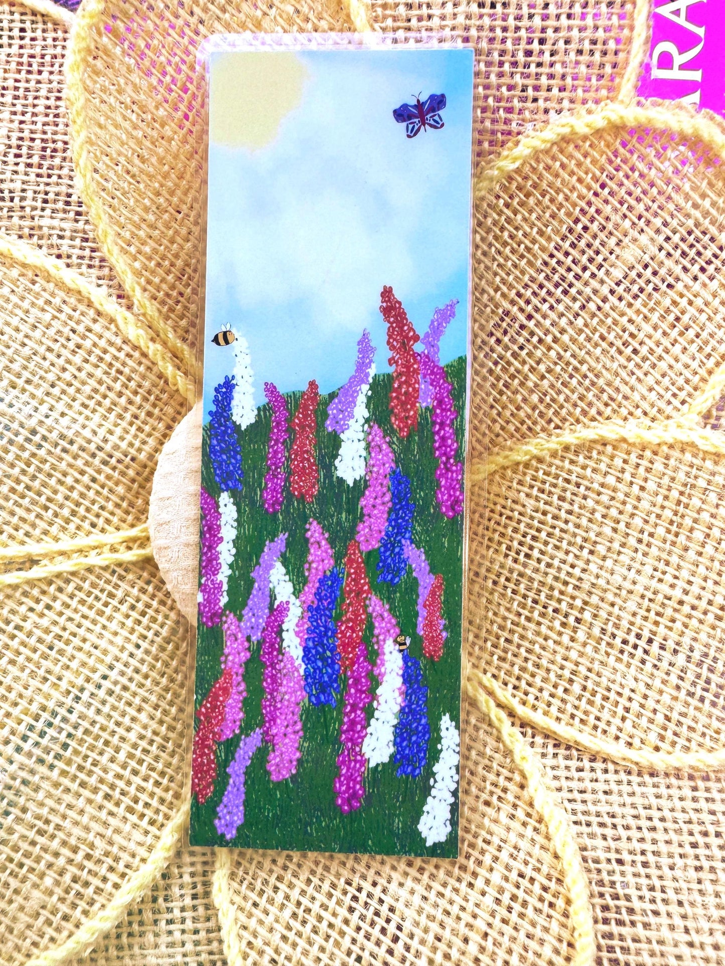 Floral Meadow Bookmark with Larkspur Flowers, Bees, and Butterfly