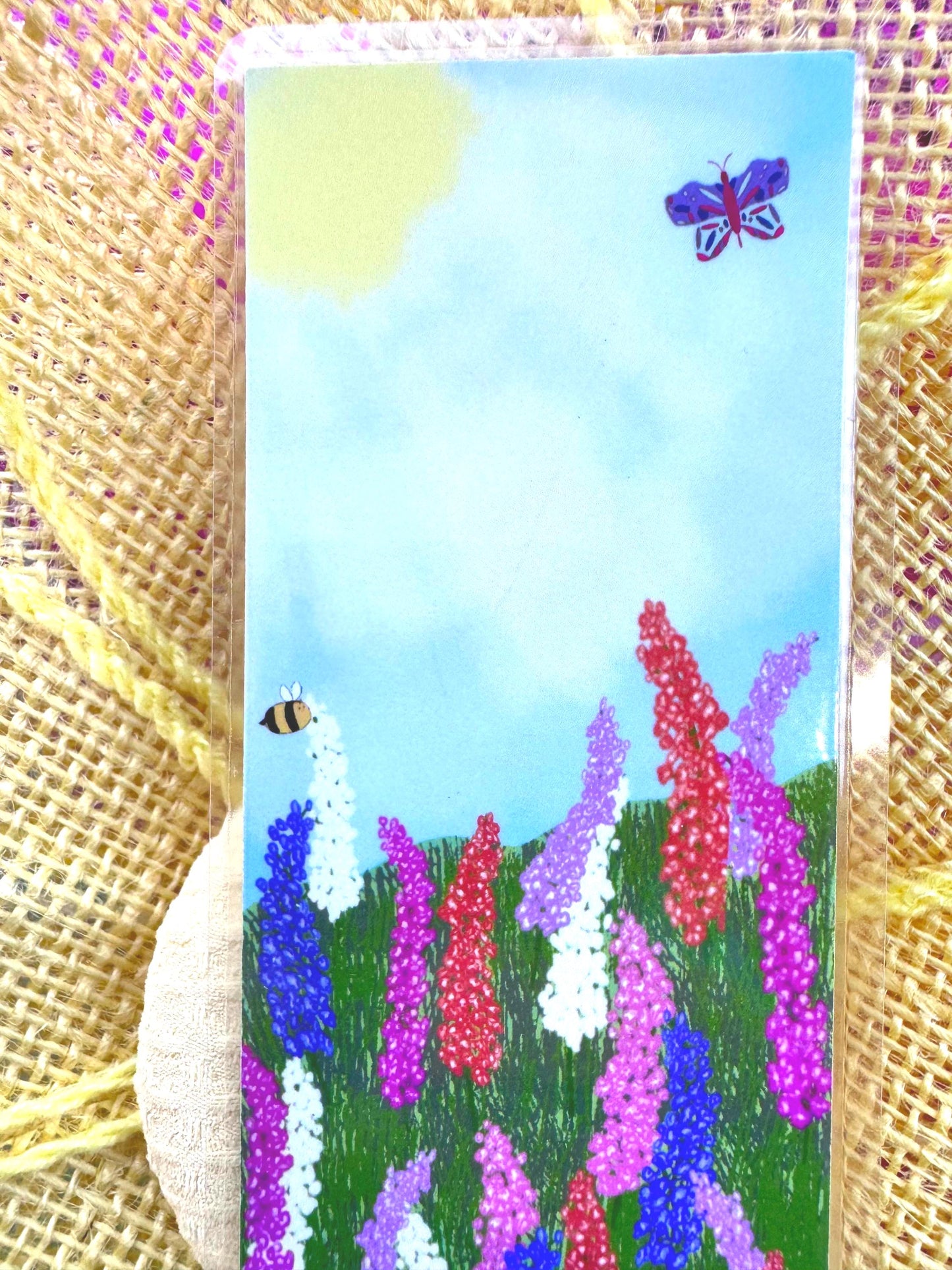 Floral Meadow Bookmark with Larkspur Flowers, Bees, and Butterfly