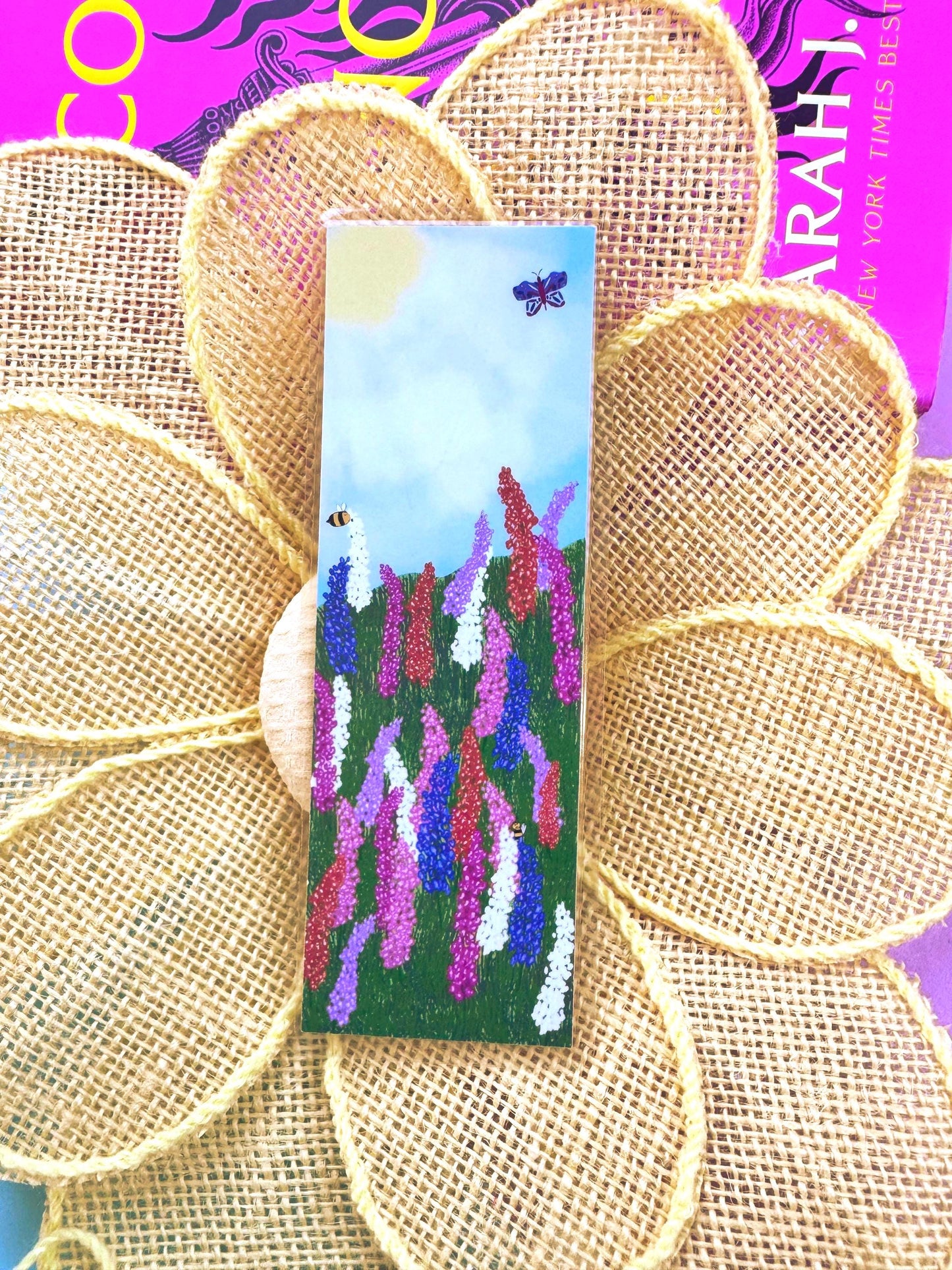Floral Meadow Bookmark with Larkspur Flowers, Bees, and Butterfly