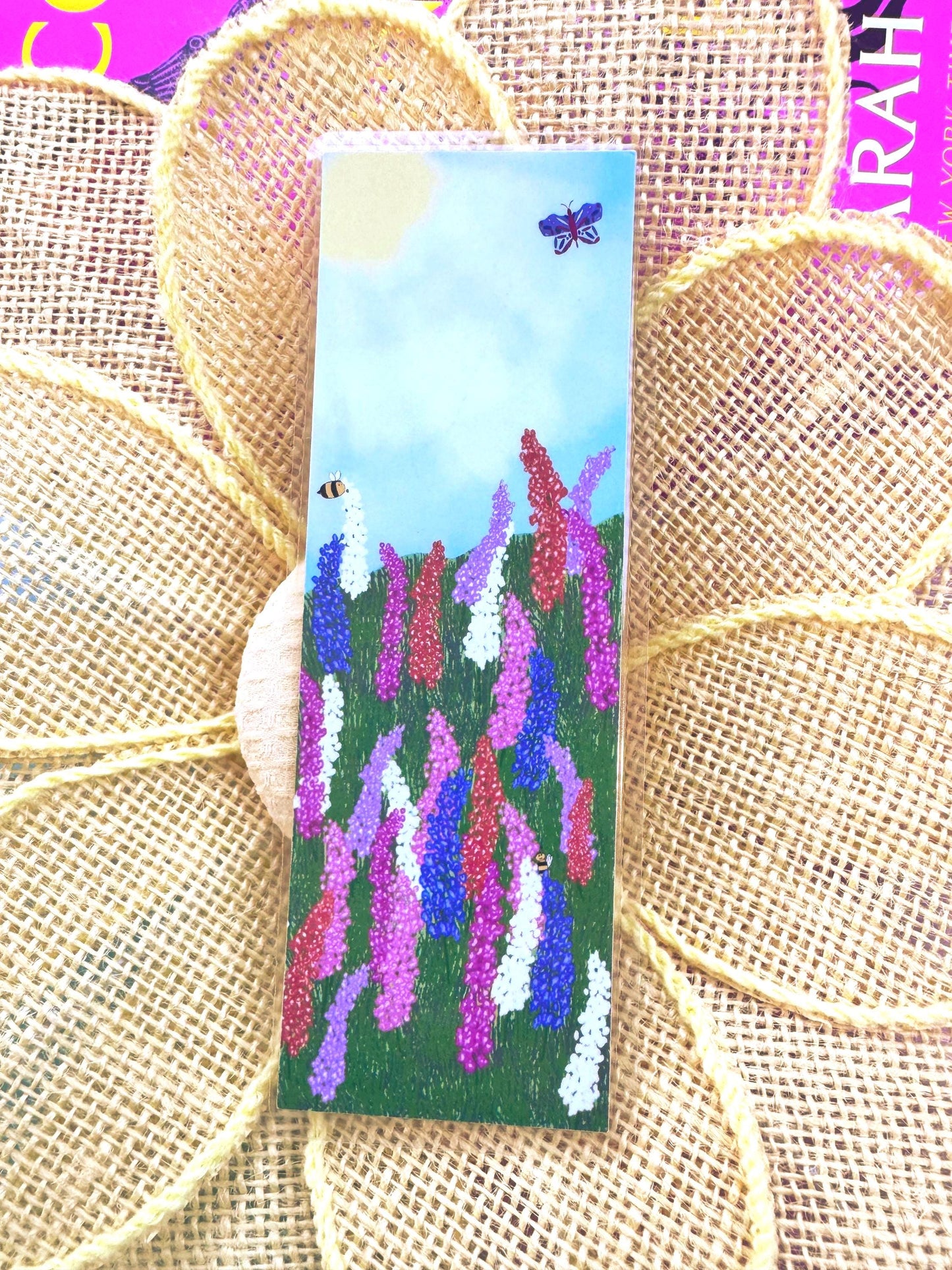 Floral Meadow Bookmark with Larkspur Flowers, Bees, and Butterfly