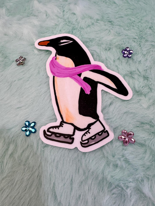 Penguin Sticker, Marie The Penguin, Ice Skating Sticker, Water Resistant Vinyl Sticker, Cute Winter Sticker For Planners, Kindle, Journals