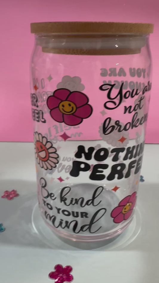 Mental Health Glass Beer Can with Positive Affirmations and Uplifting Quotes, 16 Oz Clear Glass Libby Cup