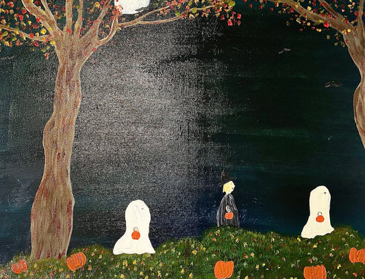 Trick or Treating Ghosts and Witch in an Oil on Canvas Original Painting