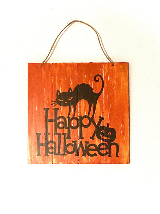 Happy Halloween Black Cat Hand Painted Wooden Sign