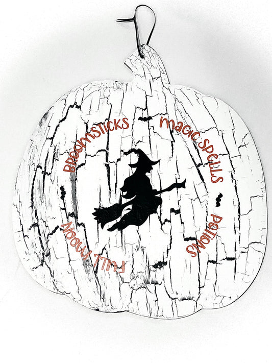 Wooden Pumpkin Sign with Witch on Broomstick