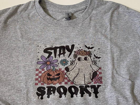 Stay Spooky Fall Vibes T-shirt, Ghosts Pumpkins and Flowers, Gildan Cotton Poly Blend