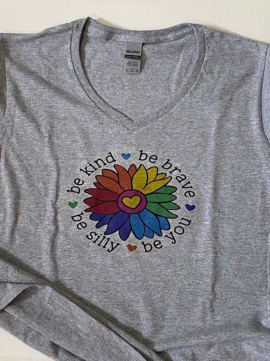 Be Kind T-shirt with Rainbow Flower, Be Brave, Be Silly, Be You, Gildan 90 Percent Cotton in Sport Grey