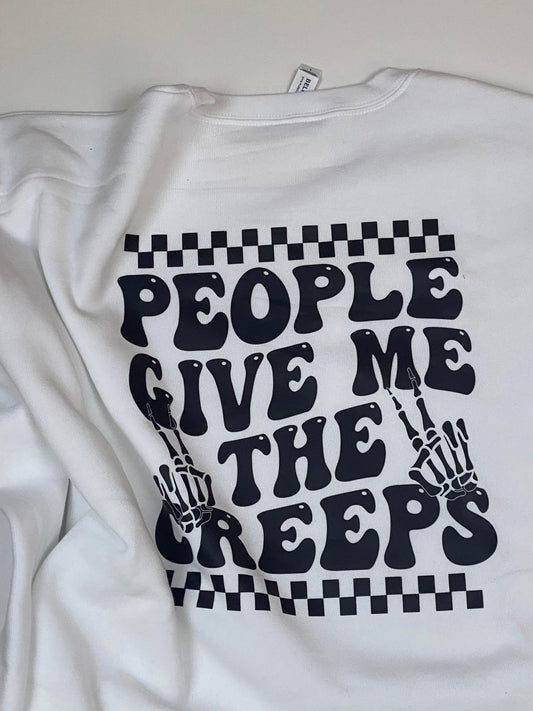 Humorous Sweatshirts, White Bella Canvas Shirt, People Give Me The Creeps, Checkered Flag Design, Graphic Tees