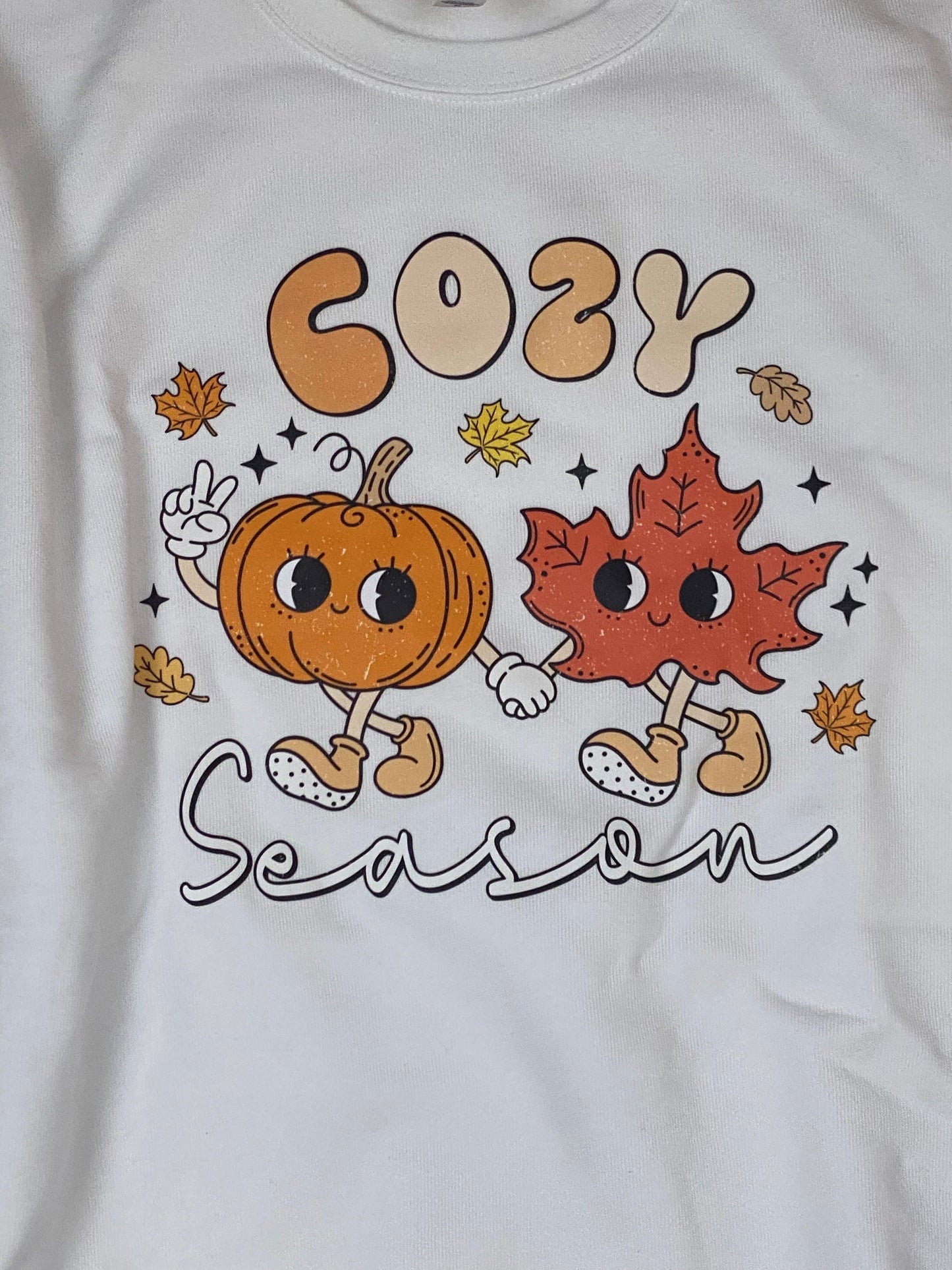 Cozy Soft White Sweatshirt, Cozy Season with Pumpkin and Fall Leaves Design, Graphic Tees, DTF Sweatshirt
